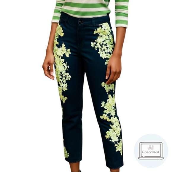 Anthropologie | Cartonnier Womens Floral Crop Pants Stretch Twill Blue Green 8 - Picture 1 of 12